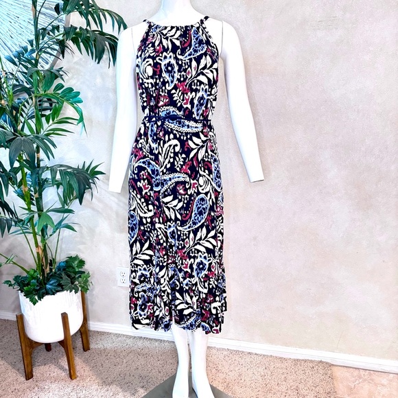 Lucky Brand Navy Paisley Knit Midi Dress Sz M - Picture 1 of 9